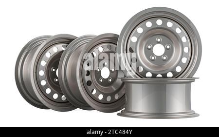 Car steel wheels or car rims. 3D rendering isolated on background Stock Photo