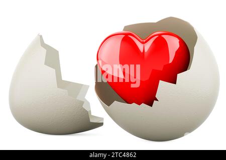 Red heart inside broken chicken egg, 3D rendering isolated on white background Stock Photo