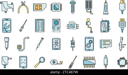 Mobile phone maintenance icons set. Outline set of mobile phone maintenance vector icons thin line color flat on white Stock Vector