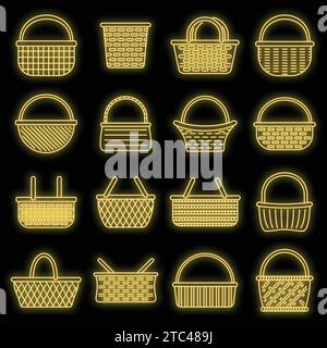 Picnic wicker icons set. Outline set of picnic wicker vector icons neon color on black Stock Vector