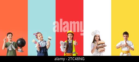 Set of children in uniforms of different professions on color background Stock Photo