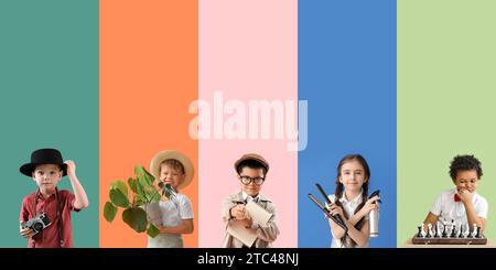 Set of children in uniforms of different professions on color background Stock Photo