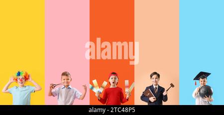 Group of children in uniforms of different professions on color background Stock Photo