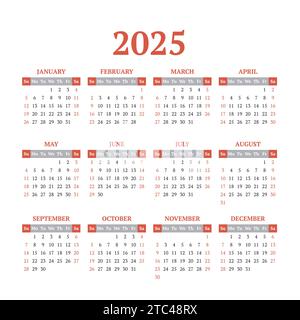 2025 simple vector calendar template. Weeks start on Sunday Stock Vector