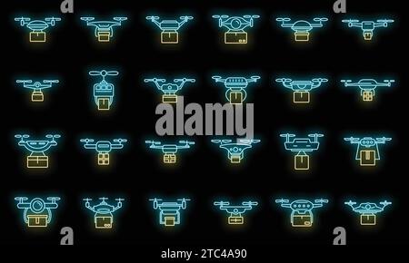 Air drone delivery service icons set. Outline set of air drone delivery service vector icons neon color on black Stock Vector