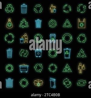 Recycling ecology icons set. Outline set of recycling ecology vector icons neon color on black Stock Vector