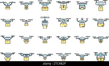 Air drone delivery service icons set. Outline set of air drone delivery service vector icons thin line color flat on white Stock Vector