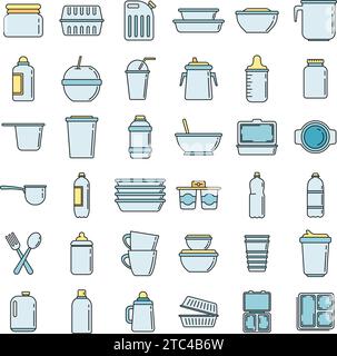 Modern plastic tableware icons set. Outline set of modern plastic tableware vector icons thin line color flat on white Stock Vector
