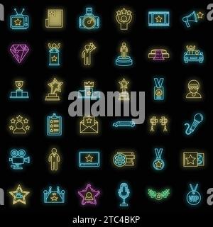 Celebrity famous icons set. Outline set of celebrity famous vector icons neon color on black Stock Vector