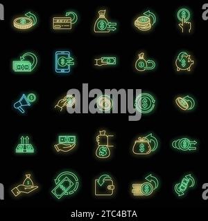Cash back refund icons set. Outline set of cash back refund vector icons neon color on black Stock Vector