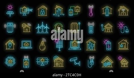 Autonomous house icons set. Outline set of autonomous house vector icons neon color on black Stock Vector