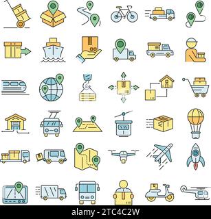 Relocation icons set. Outline set of relocation vector icons thin line color flat on white Stock Vector