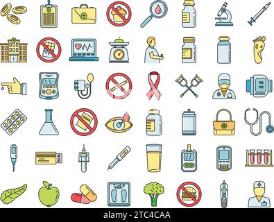 Diabetes care icons set. Outline set of diabetes care vector icons thin line color flat on white Stock Vector