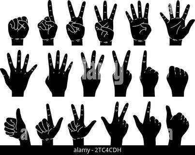 Black flat hands silhouettes counting. Keeping score with gestures. Different number of fingers. Palm and back of arm. Monochrome human fist showing Stock Vector
