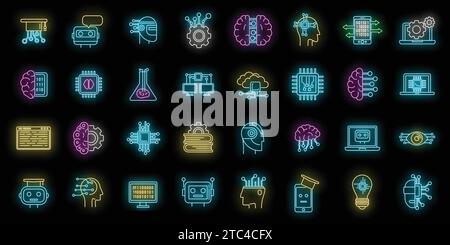 Science machine learning icons set. Outline set of science machine learning vector icons neon color on black Stock Vector