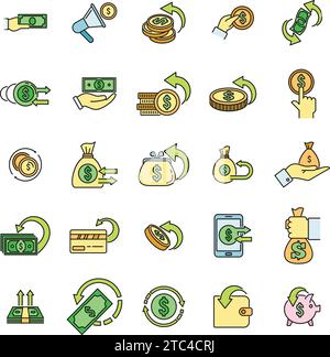 Cash back refund icons set. Outline set of cash back refund vector icons thin line color flat on white Stock Vector