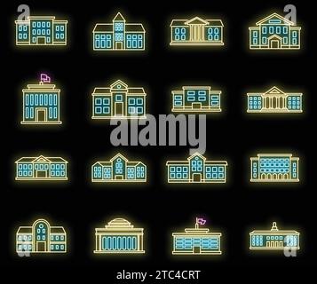 University campus icons set. Outline set of university campus vector icons neon color on black Stock Vector