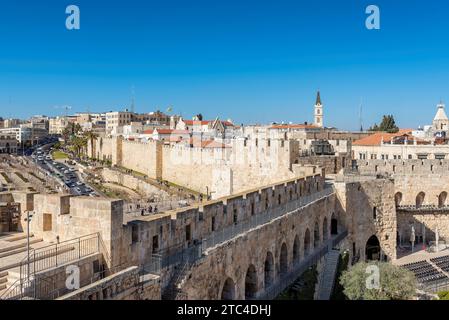 Jerusalem City skyline and old stone wall fortress, Jerusalem, Israel. Stock Photo