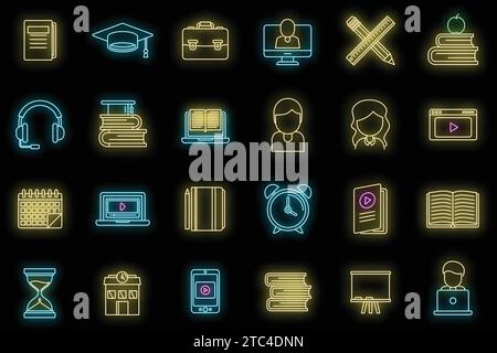 Tutor teacher icons set. Outline set of tutor teacher vector icons neon color on black Stock Vector