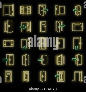 Entrance exit icons set. Outline set of entrance exit vector icons neon color on black Stock Vector