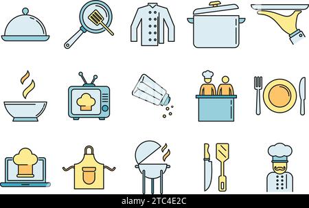Cooking show bakery icons set. Outline set of cooking show bakery vector icons thin line color flat on white Stock Vector