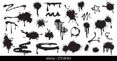 Set of black spray paint drips, lines and ink splatters. Blobs or stripes, inky blots with graffiti grunge texture. Strokes, brush stains with spatter and drops. Vector design elements in street style Stock Vector