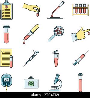 Medical blood test icons set. Outline set of medical blood test vector icons thin line color flat on white Stock Vector