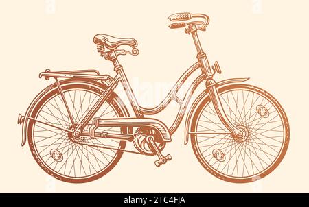 Women s retro bicycle in style of vintage engraving. Hand drawn transport, vector illustration Stock Vector