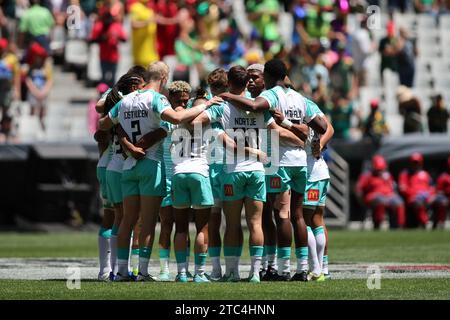 CAPE TOWN, SOUTH AFRICA - DECEMBER 10: South Africa huddle during the Mens Quarterfinal match bewteen Australia and South Africa on day 2 of the HSBC SVNS Cape Town at DHL Stadium on December 10, 2023 in Cape Town, South Africa. Photo by Shaun Roy/Alamy Live News Stock Photo