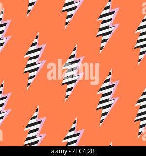 Flash seamless vector pattern with striped shapes. Pop art thunderbolt orange background. Stock Vector