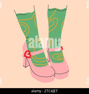 Icon of bright high heel shoes with funny socks Stock Vector