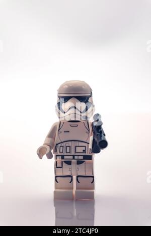 Star Wars Stormtrooper lego minifigure toy with reflection Stock Photo