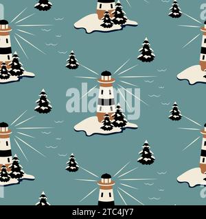 Lighthouse nautical seamless pattern. Seaside landscape illustration background. Stock Vector