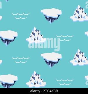 Iceberg cartoon style ice seamless pattern. Repeating background design for printing on fabric. Ice floes in water flat vector illustration Stock Vector