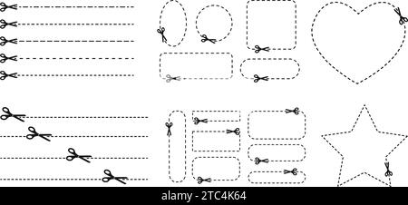 Set of cut here signs for coupons, vouchers, sale pages, packaging. Scissors icons with dotted lines and frames as square, circle, rectangle, star, heart on white background. Vector illustration Stock Vector