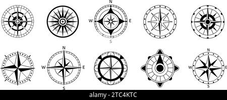 Compass set. Marine wind roses clipart. Navigation icons, nautical monochrome compasses for navigational service, decent vector symbols Stock Vector