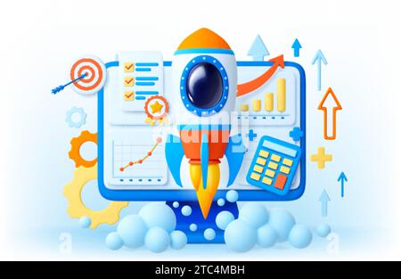 Startup 3d concept. Business starting with spaceship flying up on computer screen and abstract finance charts. Abstract pithy vector scene Stock Vector