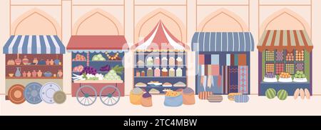 Arabian market counters with various goods. Food, carpets and ceramic souvenirs on stall. Traditional oriental street marketplace kicky vector scene Stock Vector