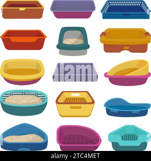 Cat tray set. Pets sandboxes, isolated cartoon toilets for kittens. Litter box icons, pet shop goods for hygiene and clean. Animals items neoteric Stock Vector