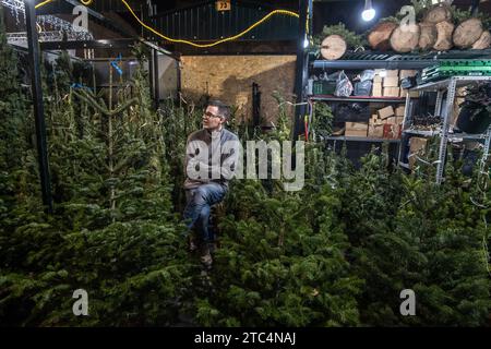 Barcelona, Spain. 10th Dec, 2023. A Christmas tree seller is seen at the traditional Santa Lucia Christmas market. The city of Barcelona is already immersed in the Christmas season. Christmas decorations, craft fairs, and Christmas street lighting in shopping centers encourage sales and entertain families. (Photo by Paco Freire/SOPA Images/Sipa USA) Credit: Sipa USA/Alamy Live News Stock Photo