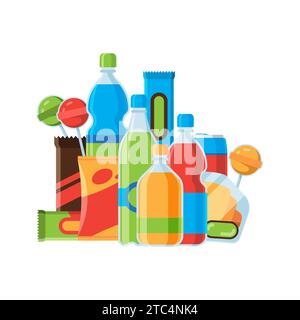 Snacks. Drinks bottles cakes and chocolates bars. Vector cartoon illustrations Stock Vector