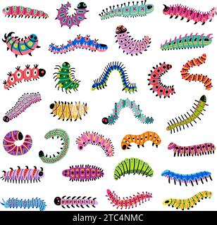 Caterpillars. Collection of different bugs recent vector colored illustrations of insects Stock Vector
