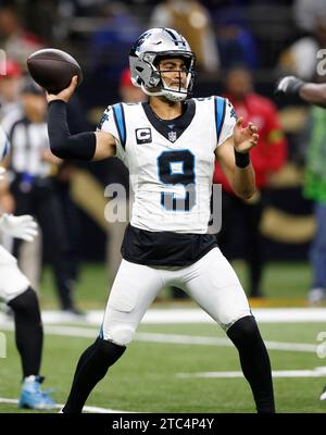 New Orleans, United States. 10th Dec, 2023. Carolina Panthers quarterback Bryce Young (9) throws against the New Orleans Saints at the Caesars Superdome in New Orleans on Sunday, December 10, 2023. Photo by AJ Sisco/UPI. Credit: UPI/Alamy Live News Stock Photo
