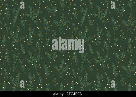 seamless christmas, New Year's Eve, winter pattern with fir tree branches and golden confetti; great for wrapping, textile, wallpaper, greeting card- Stock Vector