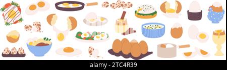 Eggs food. Mediterranean and asian meals with egg. Various cooking proteins, boiled and fried, in salad, sandwich and with bread. Fresh eat racy Stock Vector