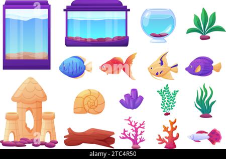 Cartoon exotic fish and aquarium equipment. Isolated seaweeds, shell and sand castle. Different glasses cubes for home, nowaday vector set Stock Vector