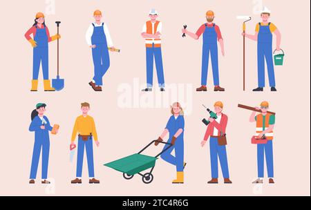 set male builders with professional equipment during different building ...