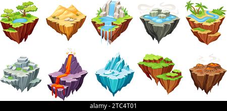 Flying islands. Cartoon lifeless fantasy island with desert crater iced surface, floating ground rock planet land mountain nature game level platforms, neoteric vector illustration of fantasy game Stock Vector