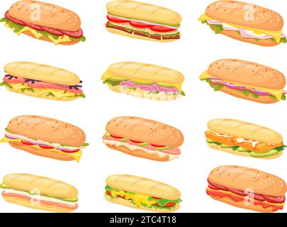 Sandwich subs. Submarine sandwiches delicious baguette sub food, italian panini bun bread with lettuce cheese ham fresh tomato, turkey snack deli cartoon neat vector illustration of delicious meal Stock Vector