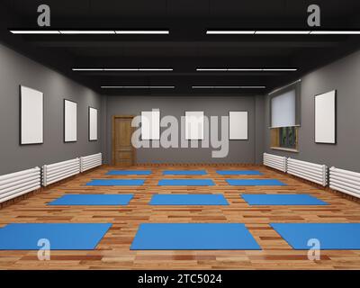 Empty Yoga studio interior design, open space with stage and large